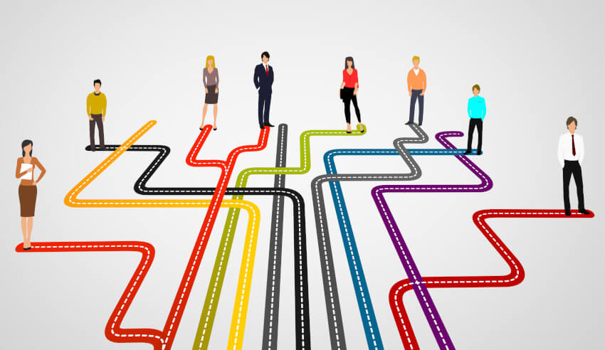 Various career people cartoons wait at the end of coloured lines indicating their learning pathways