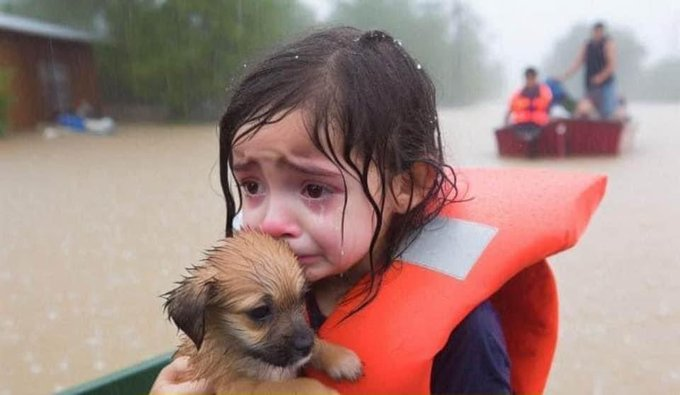 A young child cries alone in the rain during a flood. They wear a lifejacket and hold a very small puppy.