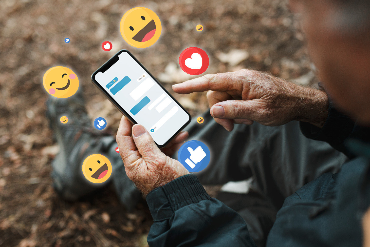 An elderly person texts on the smartphone in a leafy park. The phone is surrounded by cartoon emojis.