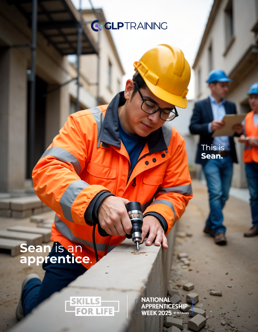 GLP Training branded image of a young man in a hard hat and fluorescent jacket drilling into a block of concrete.