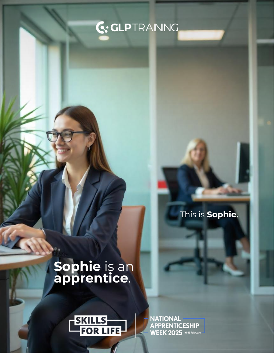 GLP Training branded image of a young woman in a suit smiling in an office.