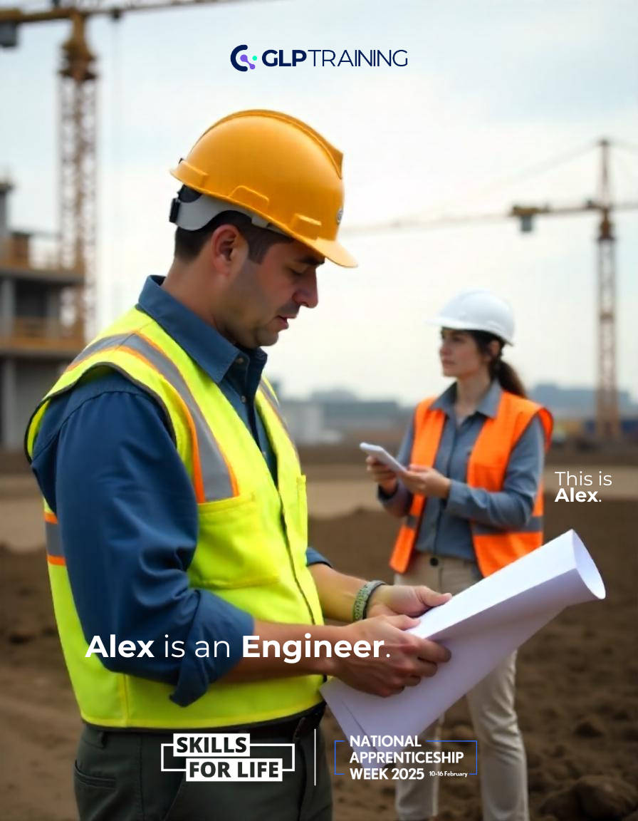 GLP Training branded image of a man in a hard hat and fluorescent jacket reading a large unscrolled white piece of paper.