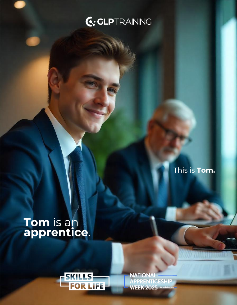 GLP Training branded image of a young man in a suit smiling in an office.