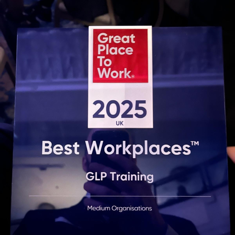 Great Place to Work's 2025 UK Award Plaque that reads "Best Workplaces - GLP Training, Medium Organisations"
