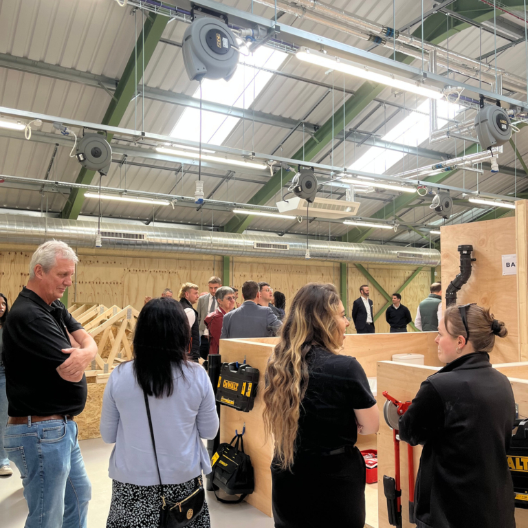 People explore the new industrial training space 'The Building Block' on opening day