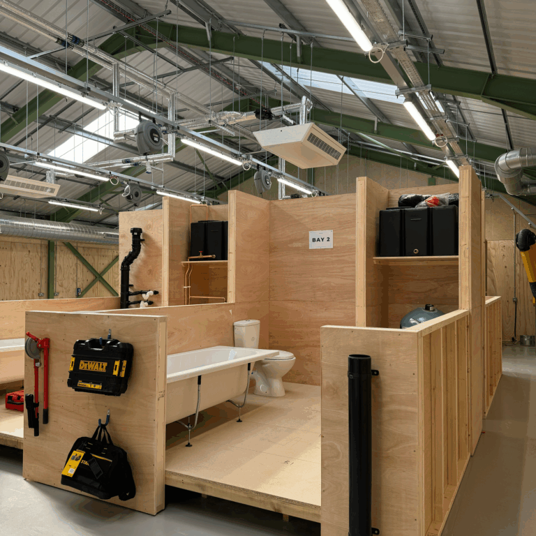 Inside the Building Block - a practice bathroom mid fitting in the building block industrial training space