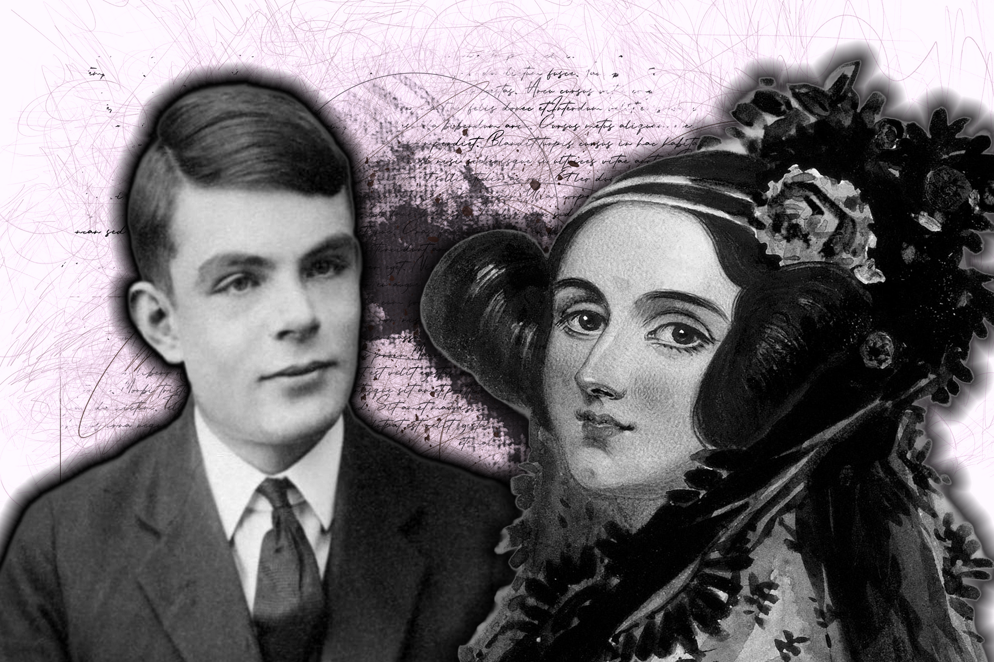 Alan Turing is pictured in black and white. A black and white drawing of a woman is next to him