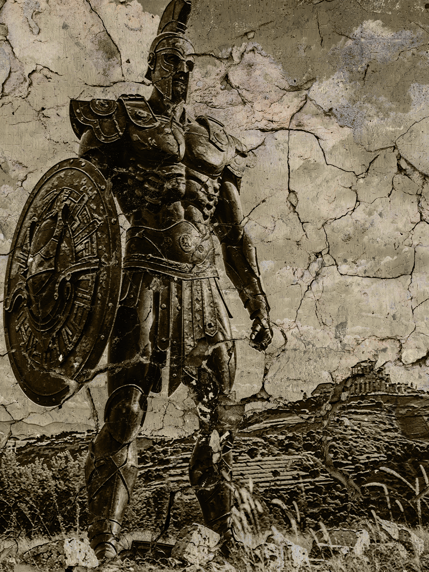 A large Roman-like warrior holding a shield and wearing armour. He stands intimidatingly over a site of destruction.
