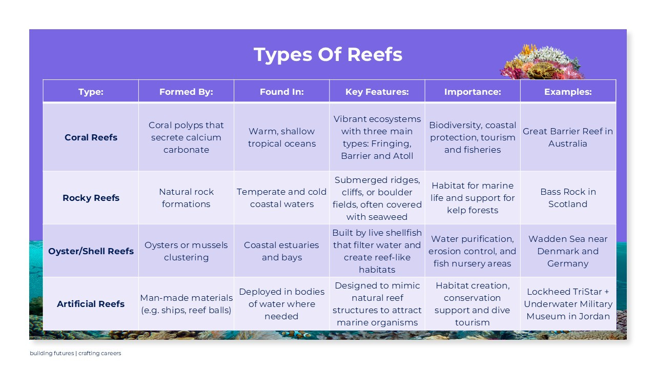 A table that explains the different types of reef: Coral, Rocky, Oyster/Shell, and Artificial