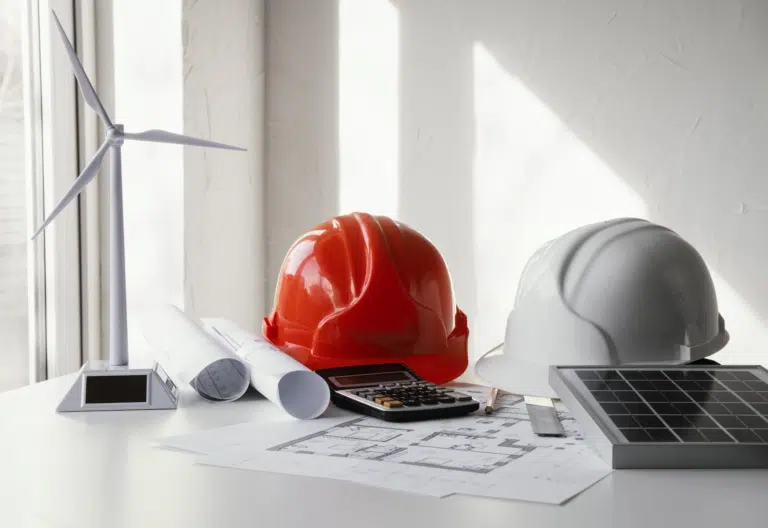 Two hard hats sit side by side on a table in a window next to a calculator and floorplans.