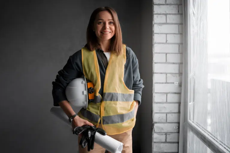 A female construction worker stands in a constructed room with her hardhat under her arm. She smiles in her fluorescent jacket and holds large scrolled up floor plans.