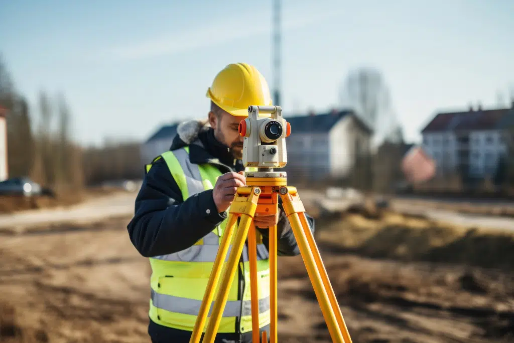 A male quantity surveyor surveys land dressed in safety gear.