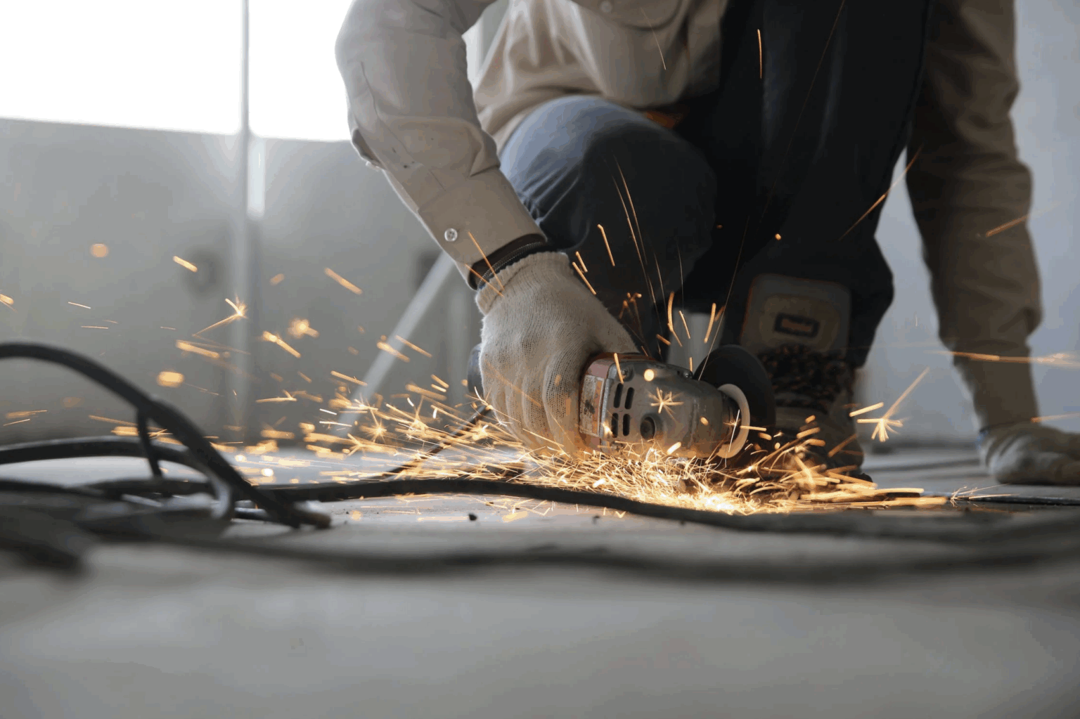 A close up of metal on metal sparks as a grinding tool is used on a construction site.