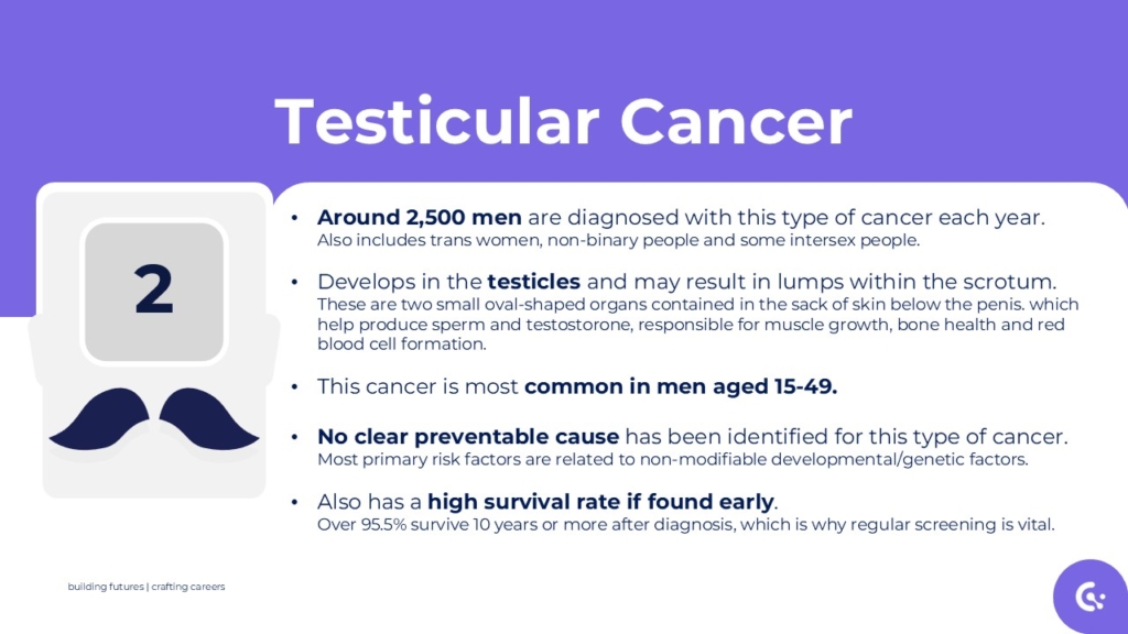 Infographic about testicular cancer with key facts, including incidence, symptoms, risk factors, and survival rates, against a purple and white background.