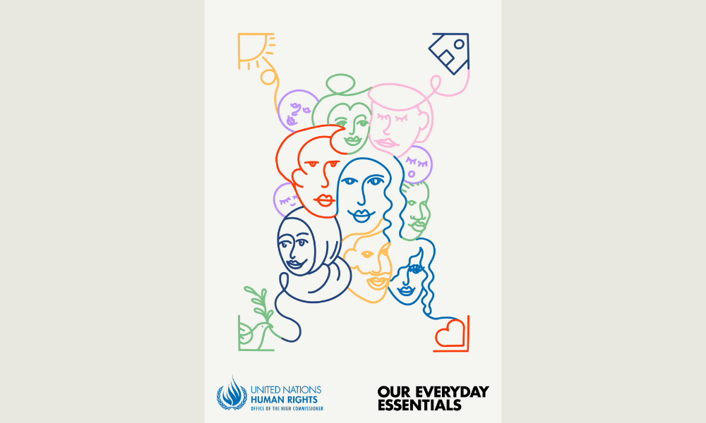 Colorful interwoven line drawings of diverse faces convey unity. Icons like a heart and sun emphasize positivity. Text: "Our Everyday Essentials" and UN Human Rights logo.